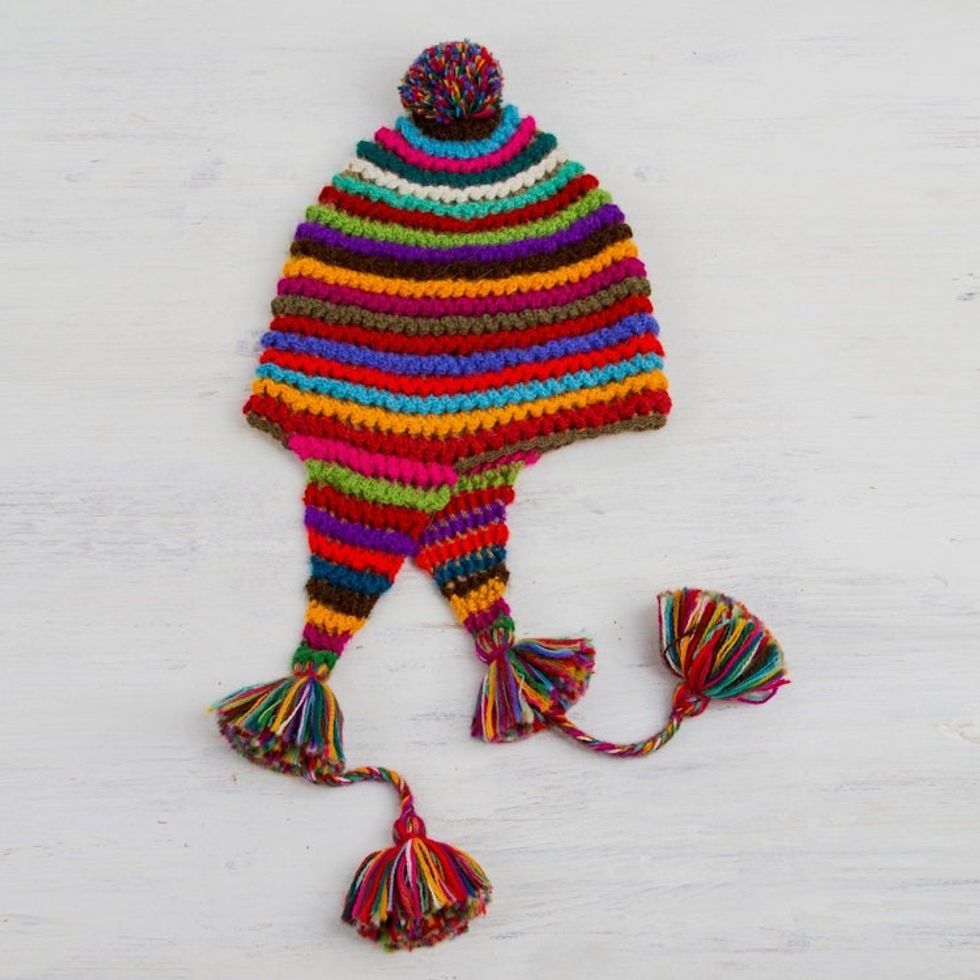 Striped Multicolored Alpaca Chullo Hat with Pompom from Peru 'Tactile Rainbow'