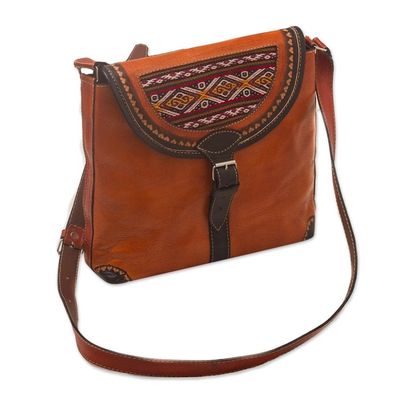 Alternate image for Hand Crafted Orange Leather Shoulder Bag with Wool Accent Solari