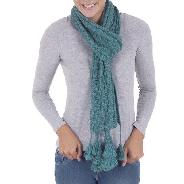 Alternate image for 100 Alpaca Handwoven Scarf with Tassels in Teal from Peru Rainy Night in Teal