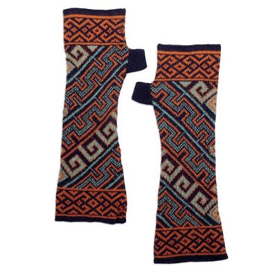 Alternate image for Aqua  Orange 100 Baby Alpaca Unisex Knit Fingerless Mitts Andean Style