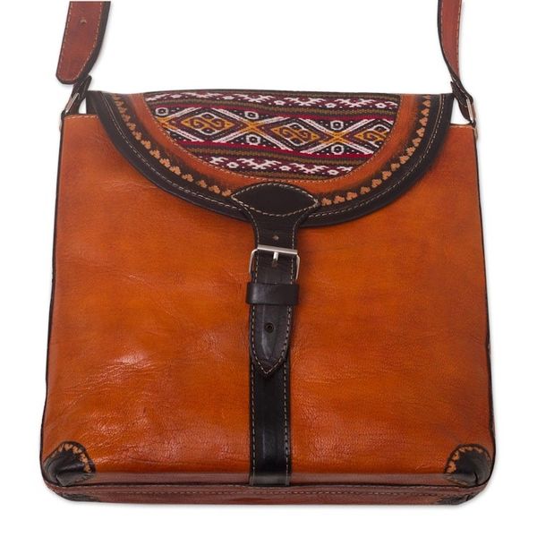 Alternate image for Hand Crafted Orange Leather Shoulder Bag with Wool Accent Solari
