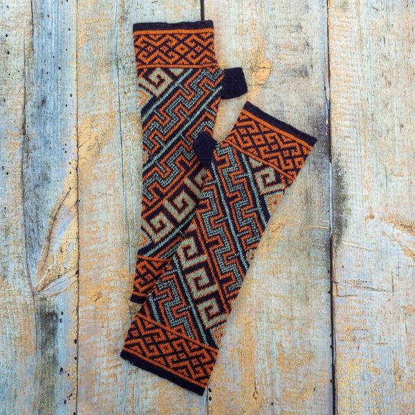 Alternate image for Aqua Orange 100 Baby Alpaca Unisex Knit Fingerless Mitts Andean Style