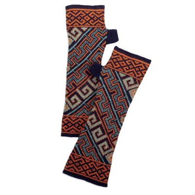 Alternate image for Aqua  Orange 100 Baby Alpaca Unisex Knit Fingerless Mitts Andean Style