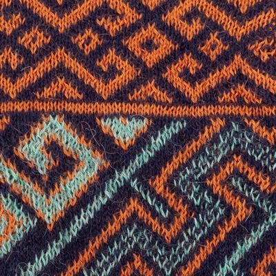 Alternate image for Aqua  Orange 100 Baby Alpaca Unisex Knit Fingerless Mitts Andean Style