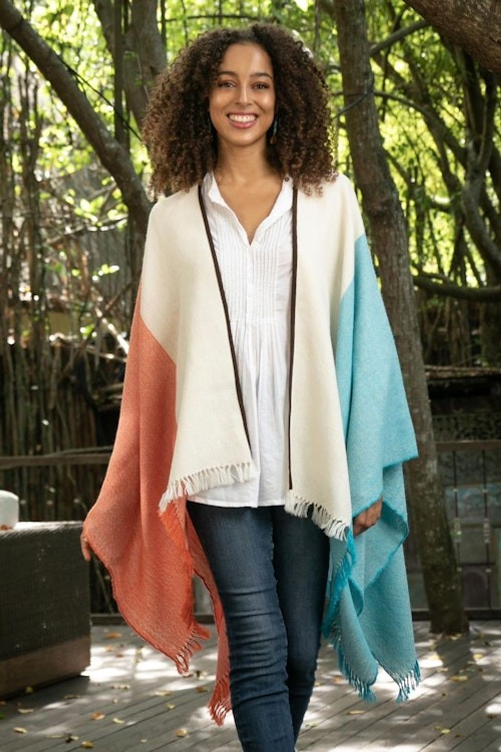 Tri-Color Suede Trimmed 100 Baby Alpaca Ruana from Peru 'Majestic Combination'