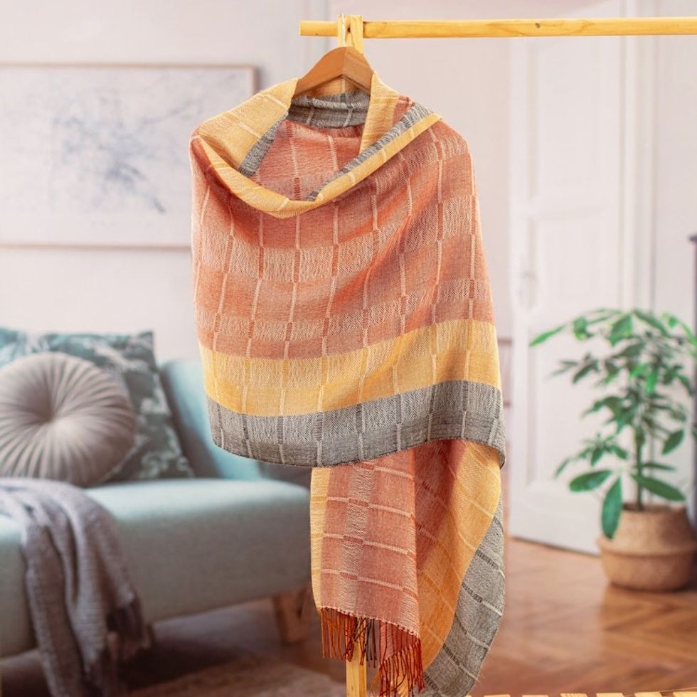 Hand-Woven Striped Orange and Yellow 100 Baby Alpaca Shawl 'Deserts'