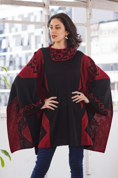 Alternate image for Knit Alpaca Blend Red and Black Poncho Inca Claret