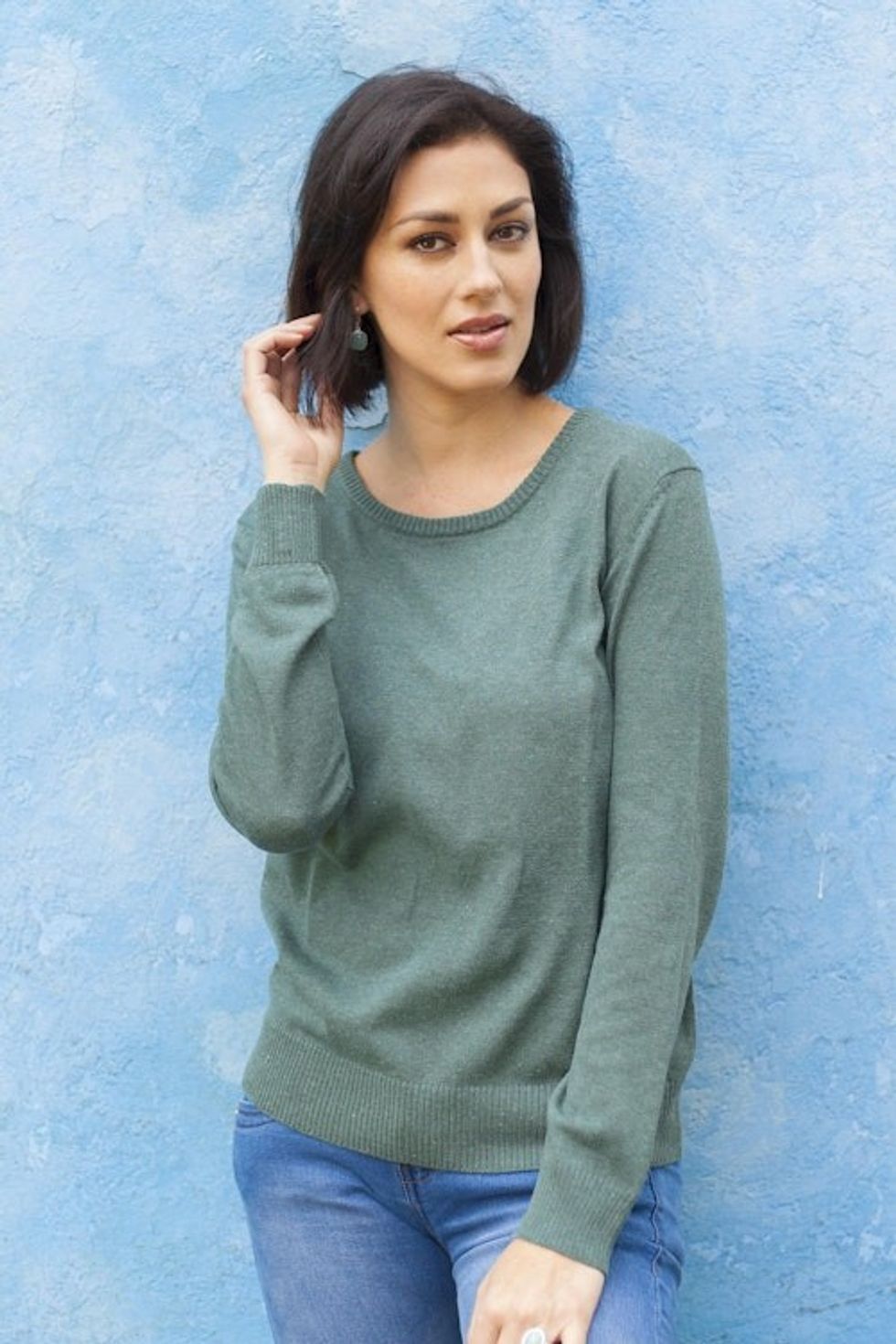 Knit Cotton Blend Pullover in Green from Peru 'Warm Valley in Jade'