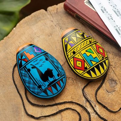 Alternate image for Pair of Handcrafted Blue and Yellow Ceramic Andean Ocarinas River Harmony