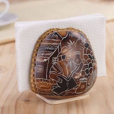 Alternate image for Andean Valley Life Hand Carved Gourd Napkin Holder Pastoral Valley