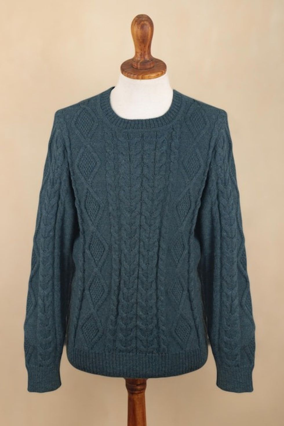 Men's 100 Alpaca Teal Pullover Sweater From Peru 'Teal Geometry'