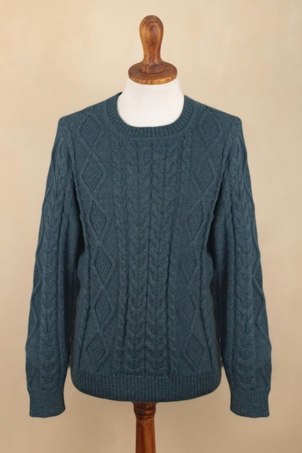 Alternate image for Mens 100 Alpaca Teal Pullover Sweater From Peru Teal Geometry