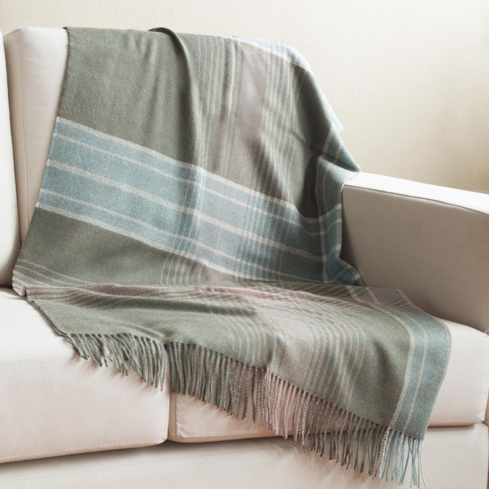 100 Baby Alpaca Throw in Celadon and Dusty Rose from Peru 'Andean Softness'