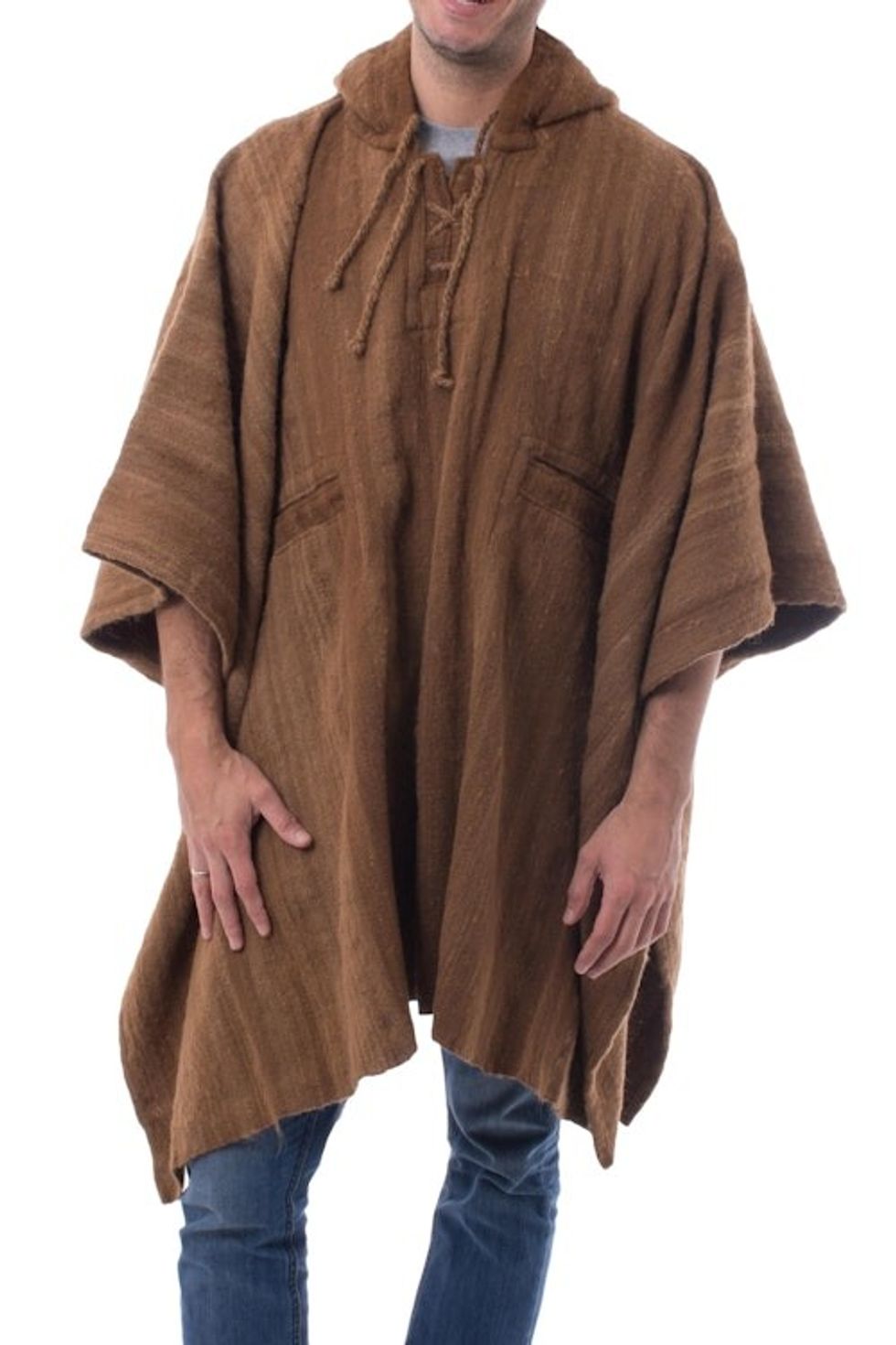 Handcrafted Men's Alpaca Wool Patterned Poncho 'Andean Desert'