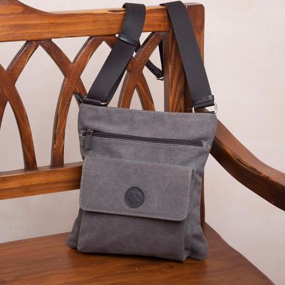 Alternate image for Leather Accent Cotton Shoulder Bag in Slate from Peru Ancient Traveler