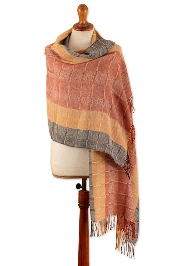 Alternate image for Hand-Woven Striped Orange and Yellow 100 Baby Alpaca Shawl Deserts