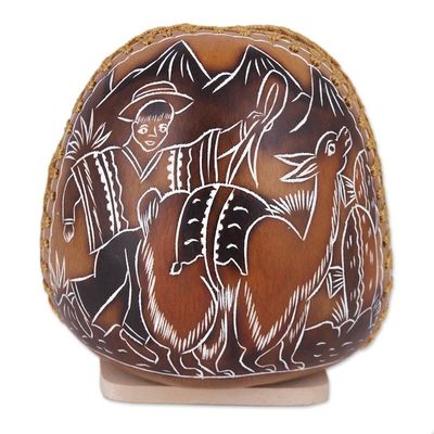 Alternate image for Andean Valley Life Hand Carved Gourd Napkin Holder Pastoral Valley