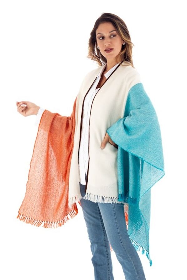Alternate image for Tri-Color Suede Trimmed 100 Baby Alpaca Ruana from Peru Majestic Combination