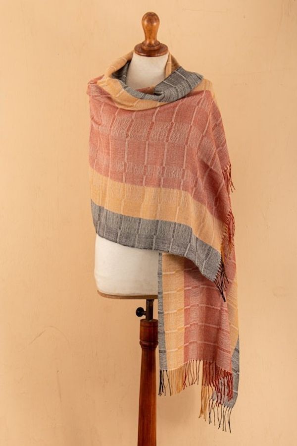 Alternate image for Hand-Woven Striped Orange and Yellow 100 Baby Alpaca Shawl Deserts