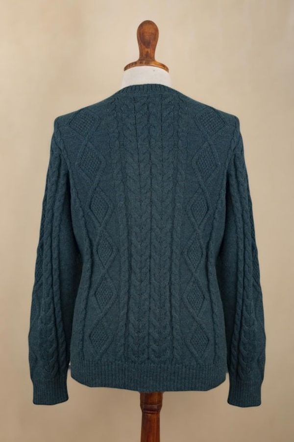 Alternate image for Mens 100 Alpaca Teal Pullover Sweater From Peru Teal Geometry