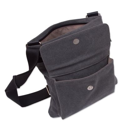 Alternate image for Leather Accent Cotton Shoulder Bag in Slate from Peru Ancient Traveler