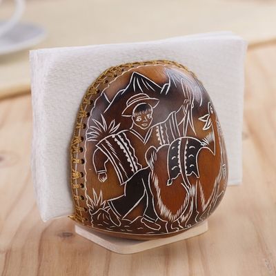 Alternate image for Andean Valley Life Hand Carved Gourd Napkin Holder Pastoral Valley