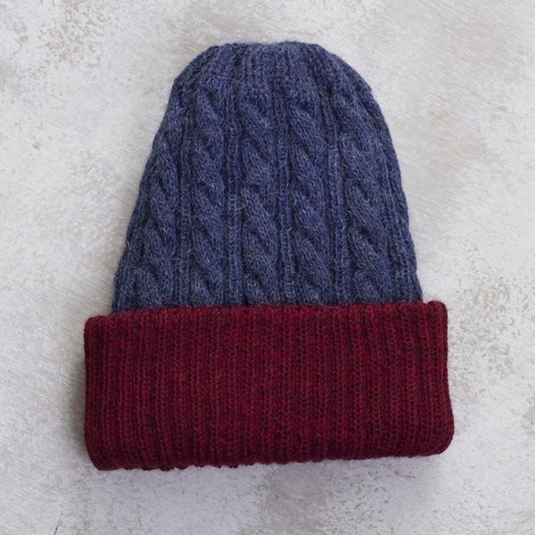 Alternate image for Cranberry and Blue 100 Alpaca Reversible Knit Hat from Peru Warm and Snug
