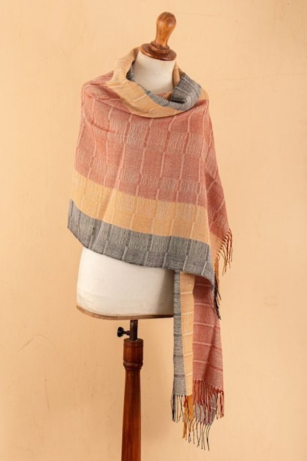 Alternate image for Hand-Woven Striped Orange and Yellow 100 Baby Alpaca Shawl Deserts