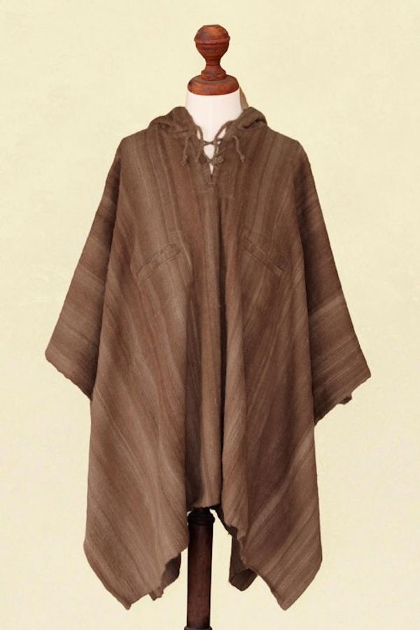 Alternate image for Handcrafted Mens Alpaca Wool Patterned Poncho Andean Desert