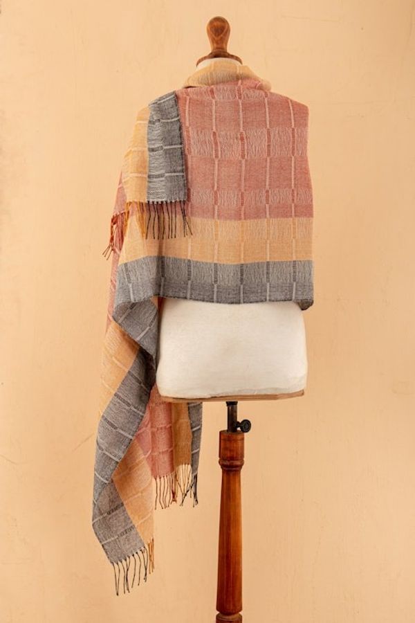 Alternate image for Hand-Woven Striped Orange and Yellow 100 Baby Alpaca Shawl Deserts