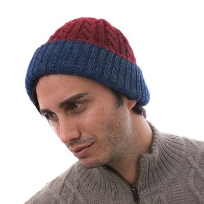 Alternate image for Cranberry and Blue 100 Alpaca Reversible Knit Hat from Peru Warm and Snug