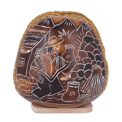 Alternate image for Andean Valley Life Hand Carved Gourd Napkin Holder Pastoral Valley