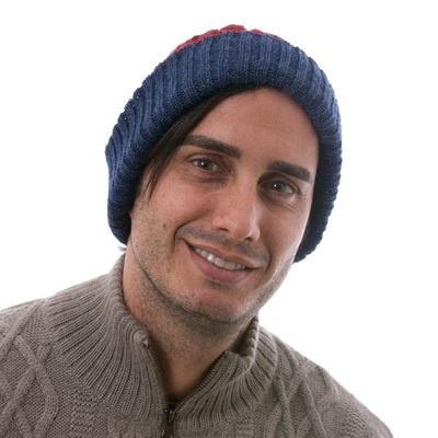 Alternate image for Cranberry and Blue 100 Alpaca Reversible Knit Hat from Peru Warm and Snug