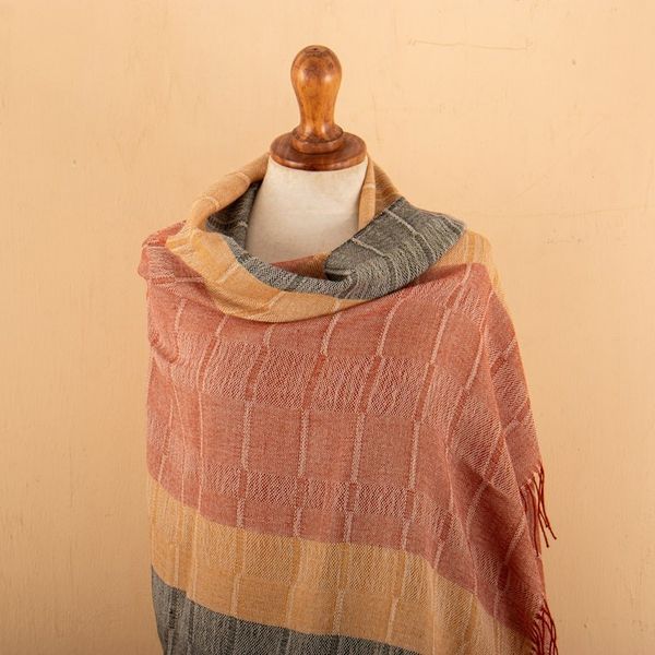 Alternate image for Hand-Woven Striped Orange and Yellow 100 Baby Alpaca Shawl Deserts