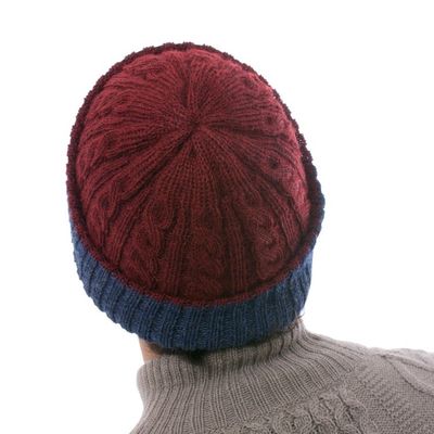 Alternate image for Cranberry and Blue 100 Alpaca Reversible Knit Hat from Peru Warm and Snug