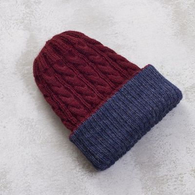 Alternate image for Cranberry and Blue 100 Alpaca Reversible Knit Hat from Peru Warm and Snug