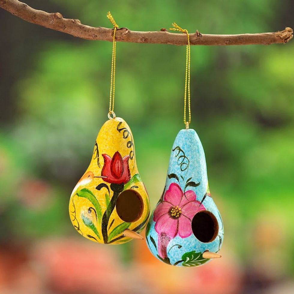 Set of Two Floral Yellow and Blue Dried Gourd Ornaments 'Summer Homes'