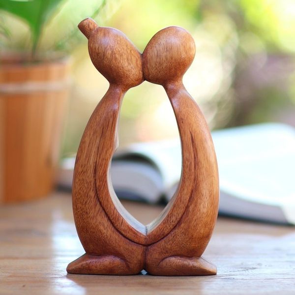 Alternate image for Hand Carved Suar Wood Romantic Statuette from Bali Kissing You