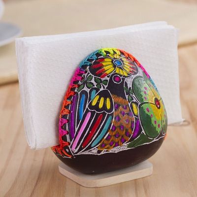 Alternate image for Colorful Bird and Flowers Hand Painted Gourd Napkin Holder Birdsong Garden