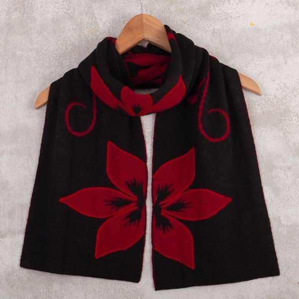 Alternate image for Cultural Floral Red and Black Reversible Alpaca Blend Scarf Red Retama Emotions