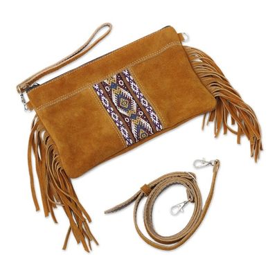 Alternate image for Fringed Wool Accented Suede Handbag in Golden Brown Golden Brown Fringe