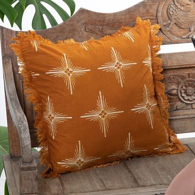 Alternate image for Star-Themed Saffron Cotton Batik Cushion Cover with Fringes Brightest Saffron Star