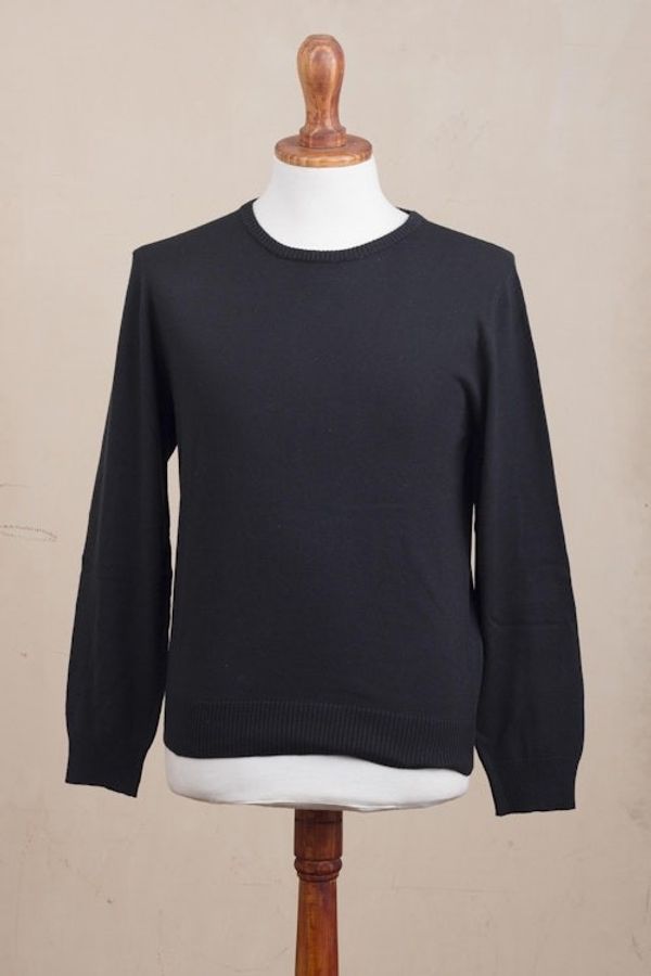 Alternate image for Mens Crew Neck Cotton Blend Pullover in Black from Peru Classic Warmth in Black