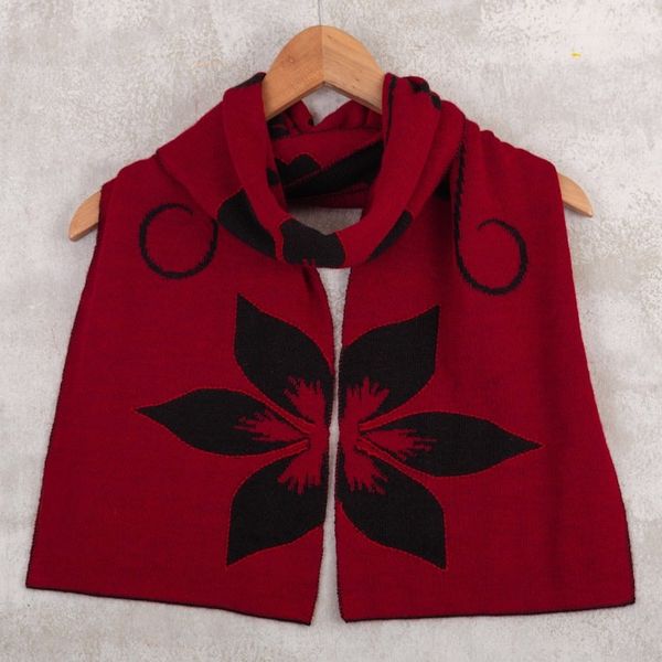 Alternate image for Cultural Floral Red and Black Reversible Alpaca Blend Scarf Red Retama Emotions