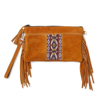 Alternate image for Fringed Wool Accented Suede Handbag in Golden Brown Golden Brown Fringe