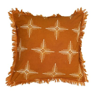 Alternate image for Star-Themed Saffron Cotton Batik Cushion Cover with Fringes Brightest Saffron Star