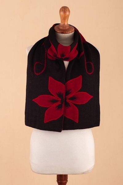 Alternate image for Cultural Floral Red and Black Reversible Alpaca Blend Scarf Red Retama Emotions