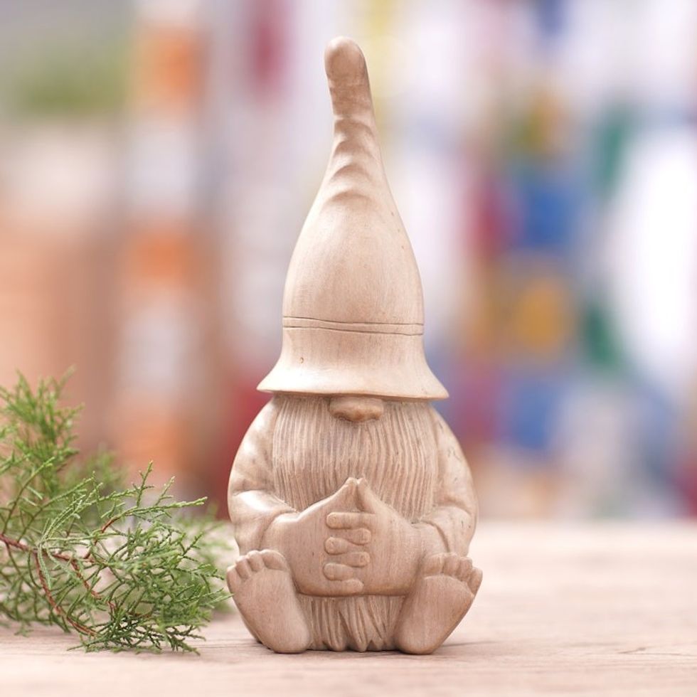 Hand-Carved Gnome Hibiscus Wood Sculpture from Bali 'Gnome in the Home'