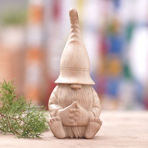 Alternate image for Hand-Carved Gnome Hibiscus Wood Sculpture from Bali Gnome in the Home