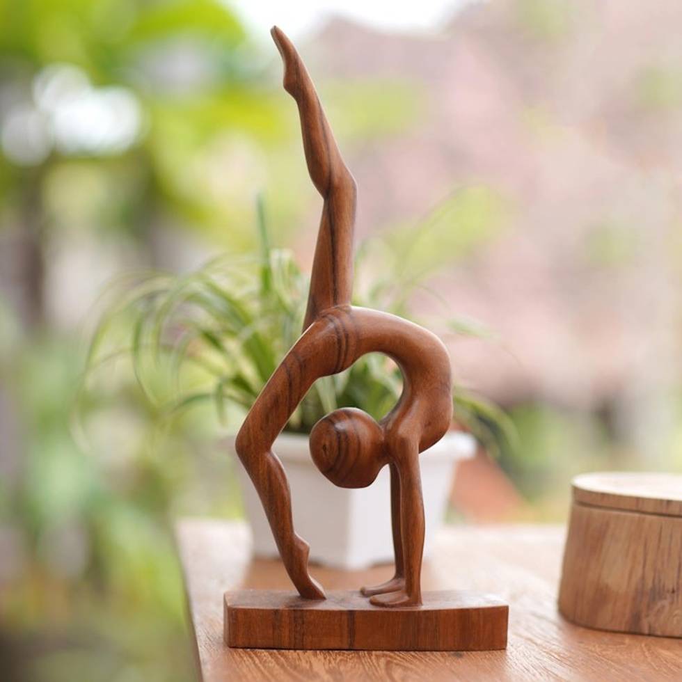 Hand Carved Suar Wood Yoga Sculpture 'Pincha Mayurasana'